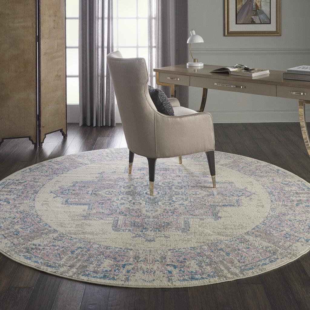 8' Pink Round Damask Power Loom Area Rug