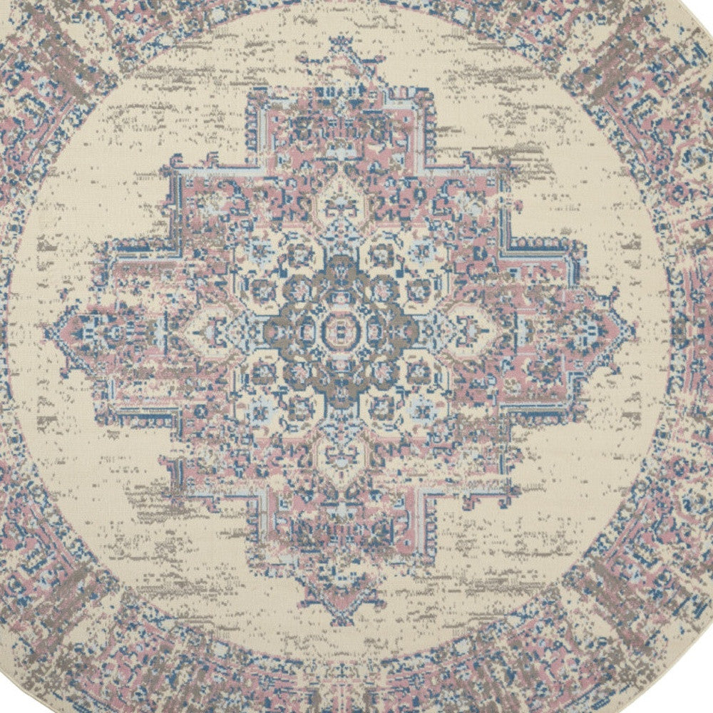 8' Pink Round Damask Power Loom Area Rug