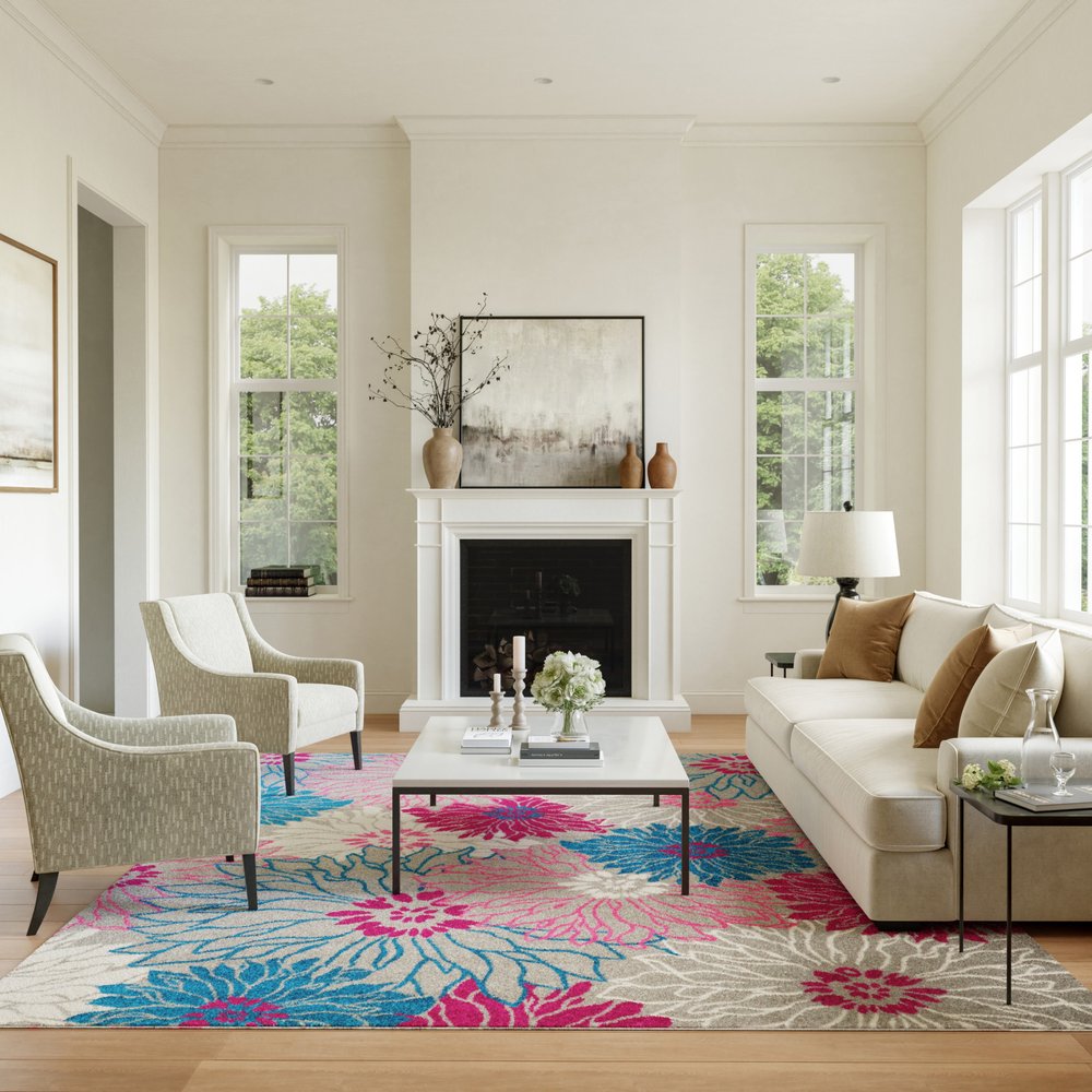9' X 12' Blue Floral Power Loom Area Rug
