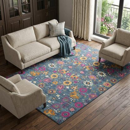 9' X 12' Blue Floral Power Loom Area Rug