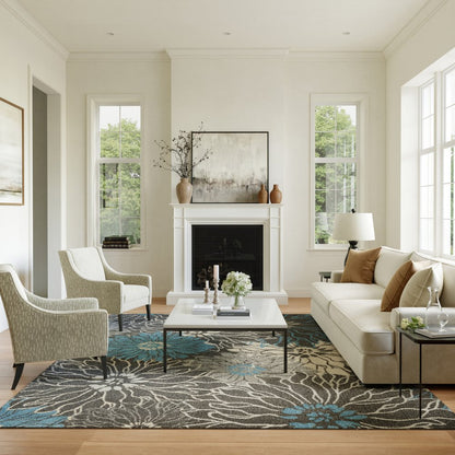 9' X 12' Charcoal Floral Power Loom Area Rug