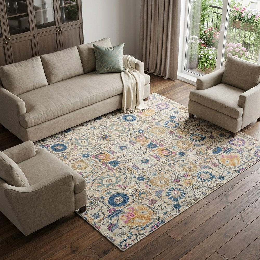 9' X 12' Cream Floral Power Loom Area Rug