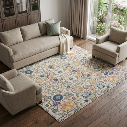 9' X 12' Cream Floral Power Loom Area Rug