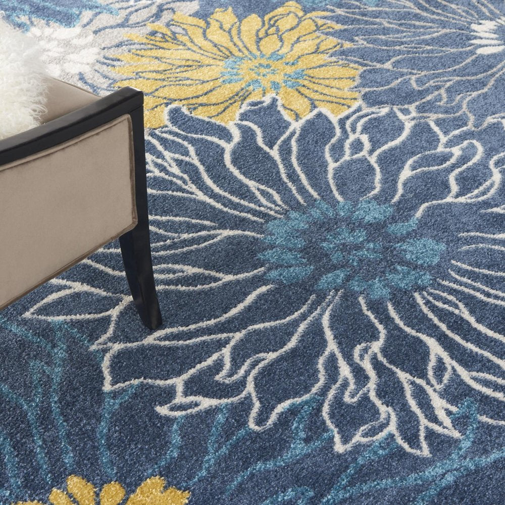 9' X 12' Navy Blue Floral Power Loom Area Rug