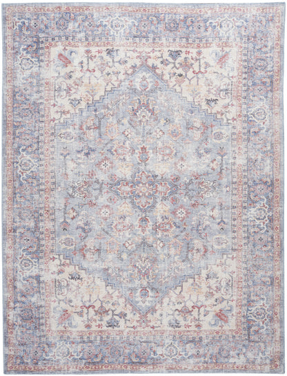 9' X 12' Blue Floral Power Loom Distressed Area Rug