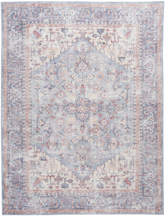 9' X 12' Blue Floral Power Loom Distressed Area Rug