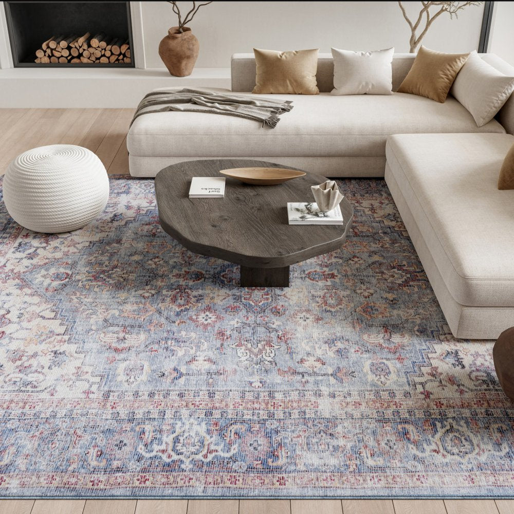 9' X 12' Blue Floral Power Loom Distressed Area Rug