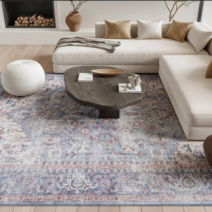 9' X 12' Blue Floral Power Loom Distressed Area Rug