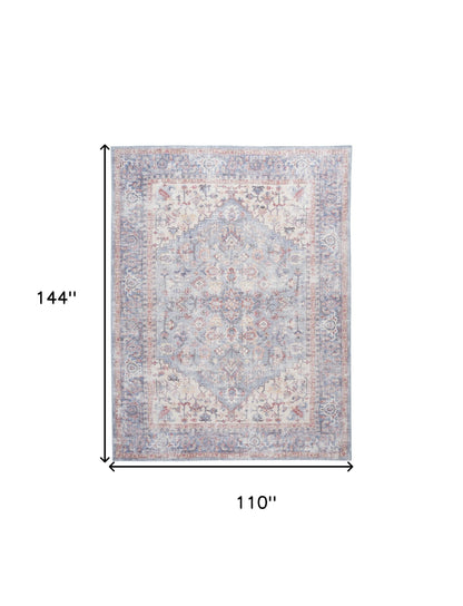 9' X 12' Blue Floral Power Loom Distressed Area Rug