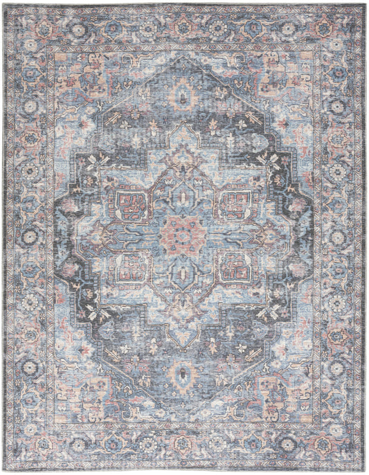 9' X 12' Blue And Pink Floral Power Loom Distressed Washable Area Rug