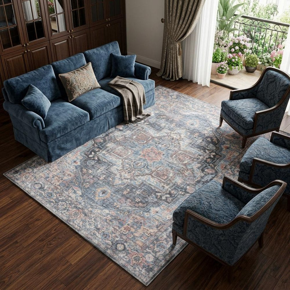 9' X 12' Blue And Pink Floral Power Loom Distressed Washable Area Rug