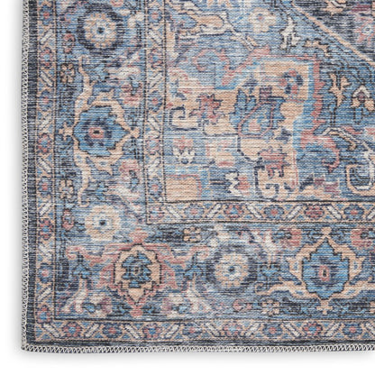 9' X 12' Blue And Pink Floral Power Loom Distressed Washable Area Rug