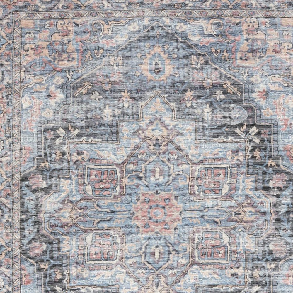 9' X 12' Blue And Pink Floral Power Loom Distressed Washable Area Rug