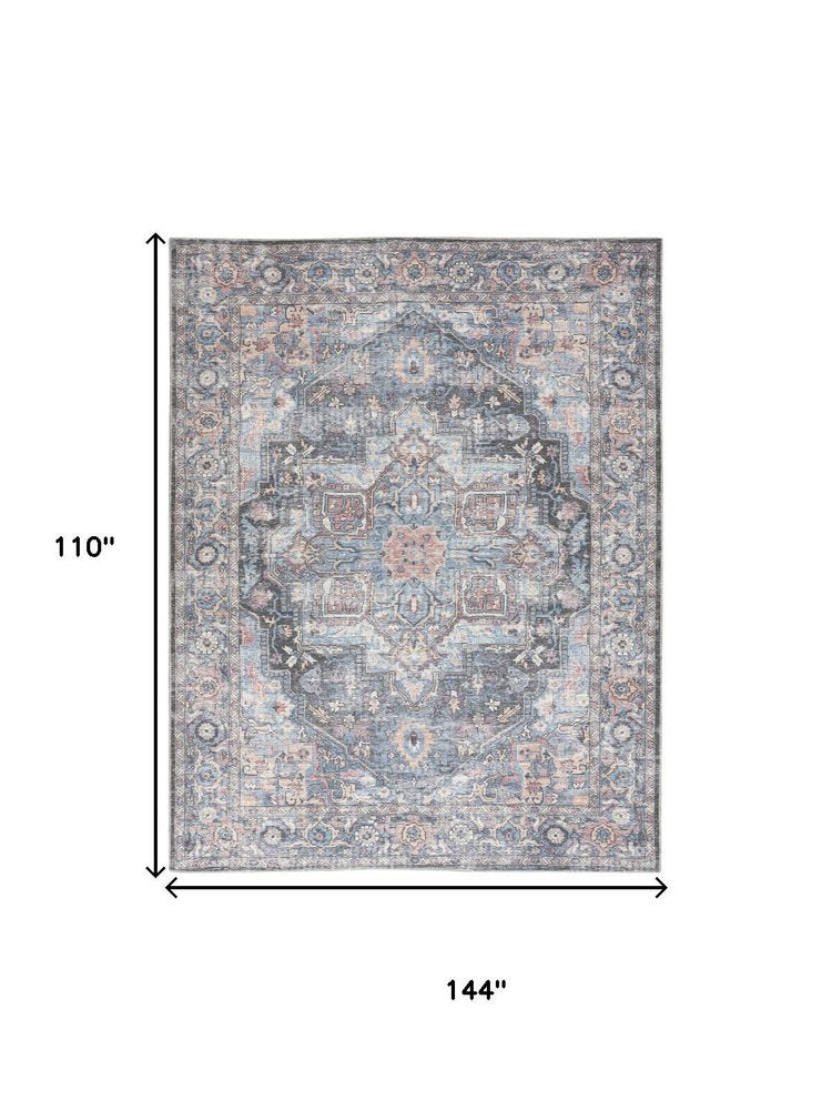 9' X 12' Blue And Pink Floral Power Loom Distressed Washable Area Rug
