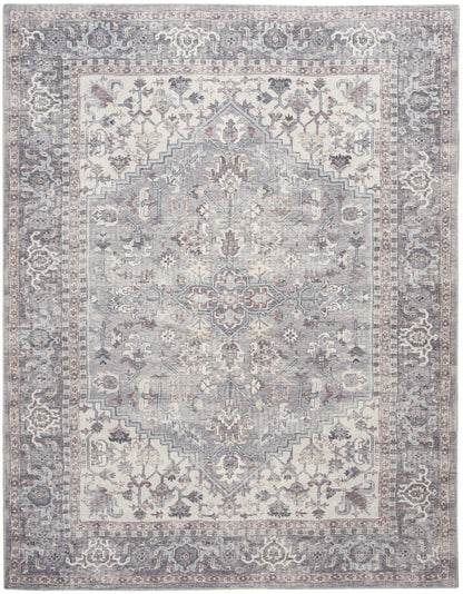 9' X 12' Gray Floral Power Loom Distressed Area Rug