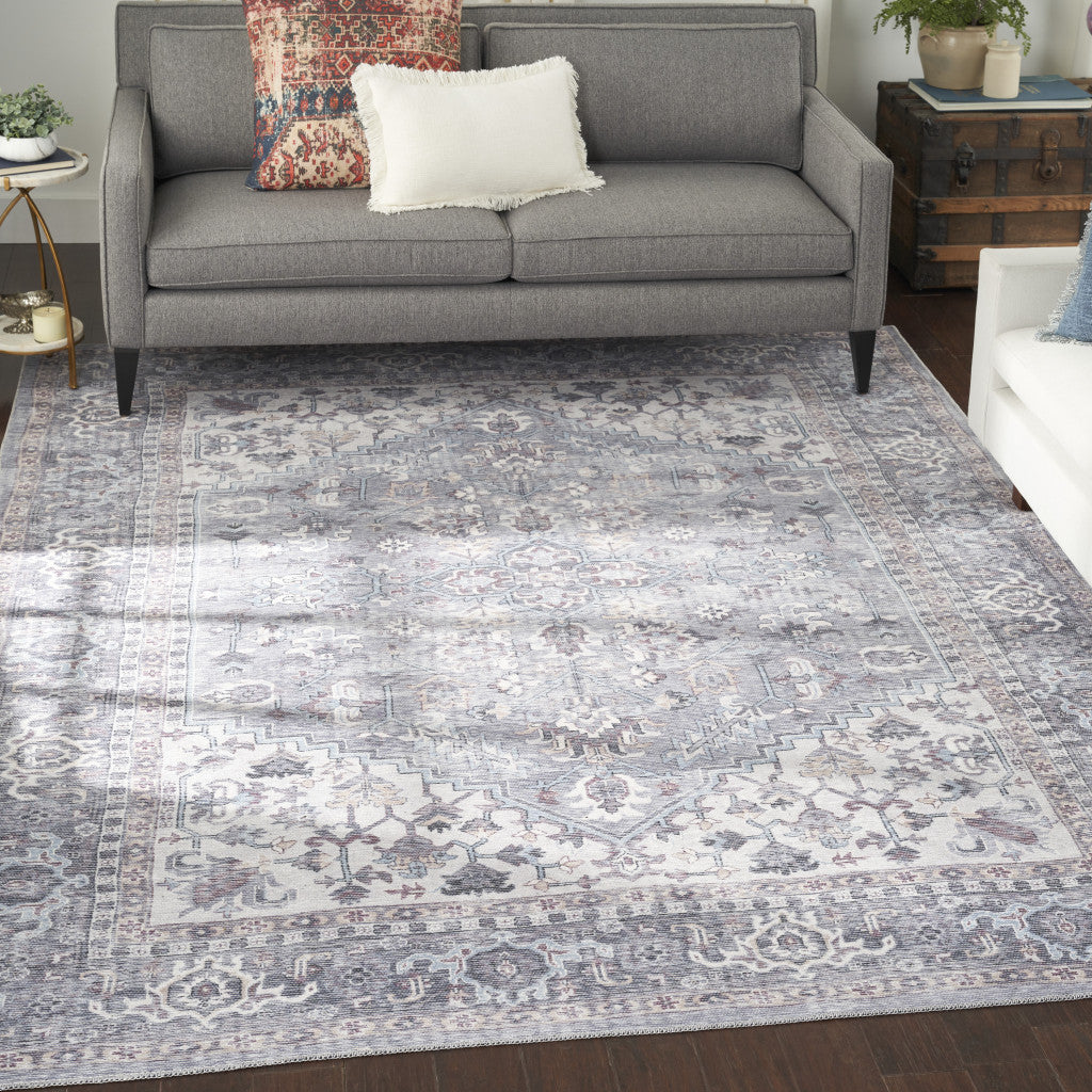 9' X 12' Gray Floral Power Loom Distressed Area Rug