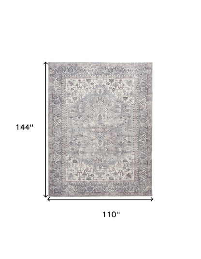 9' X 12' Gray Floral Power Loom Distressed Area Rug