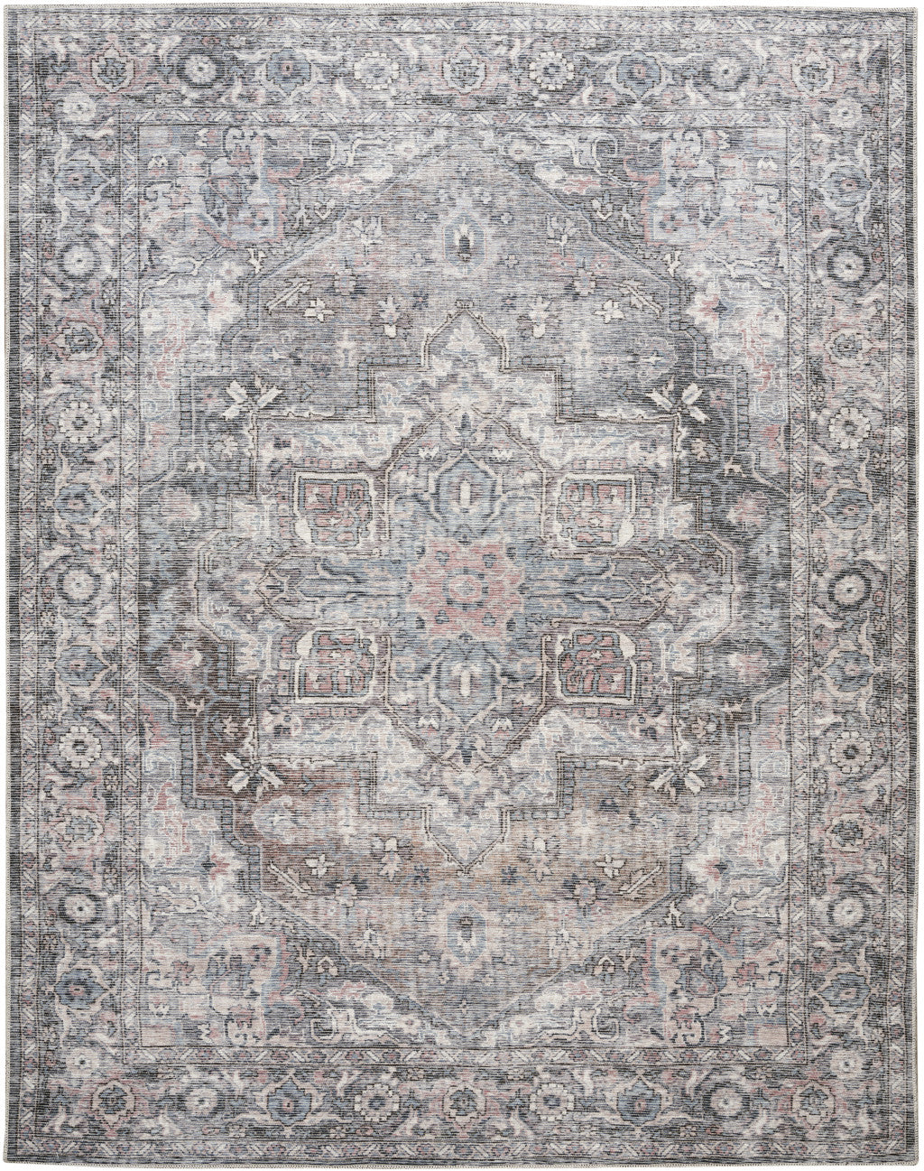 9' X 12' Gray Floral Power Loom Distressed Washable Area Rug