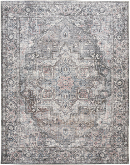 9' X 12' Gray Floral Power Loom Distressed Washable Area Rug