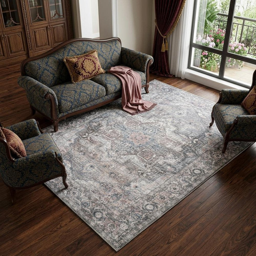 9' X 12' Gray Floral Power Loom Distressed Washable Area Rug