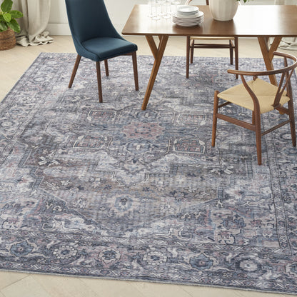 9' X 12' Gray Floral Power Loom Distressed Washable Area Rug