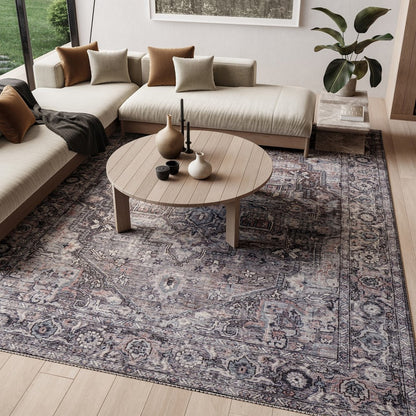 9' X 12' Gray Floral Power Loom Distressed Washable Area Rug