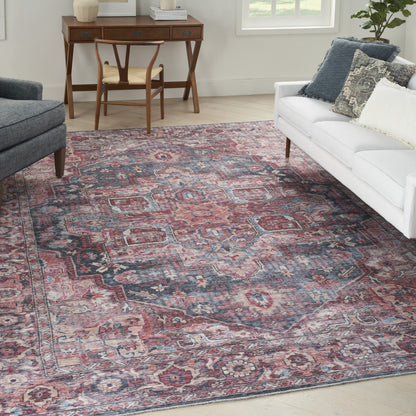 9' X 12' Red Floral Power Loom Distressed Washable Area Rug