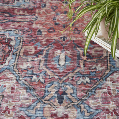 9' X 12' Red Floral Power Loom Distressed Washable Area Rug