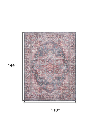 9' X 12' Red Floral Power Loom Distressed Washable Area Rug