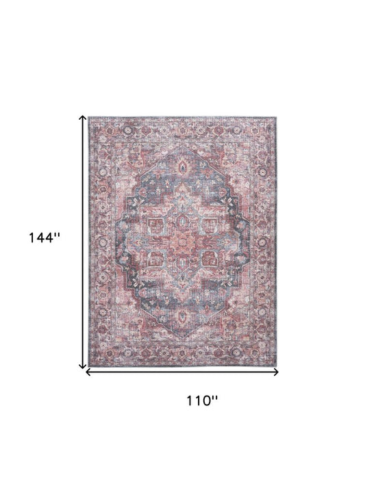 9' X 12' Red Floral Power Loom Distressed Washable Area Rug