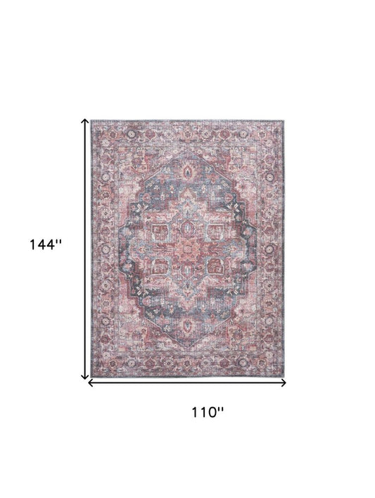 9' X 12' Red Floral Power Loom Distressed Washable Area Rug