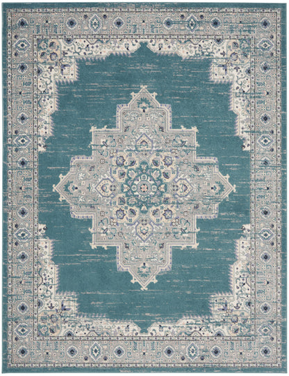 8' X 10' Aqua Floral Power Loom Distressed Area Rug