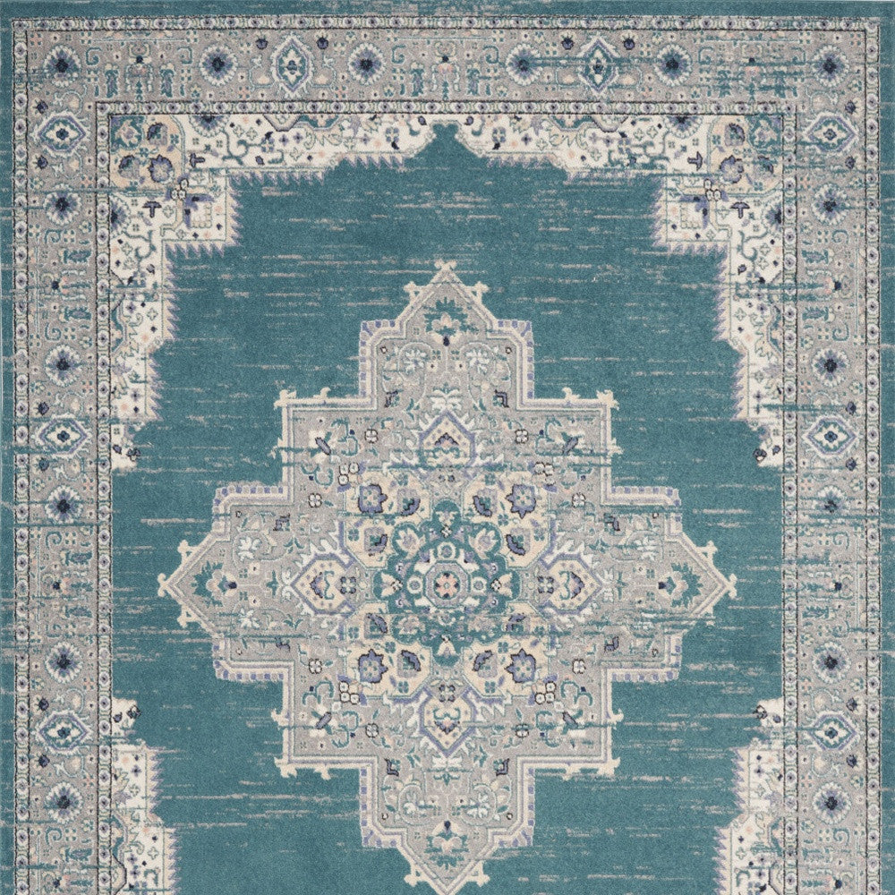 8' X 10' Aqua Floral Power Loom Distressed Area Rug