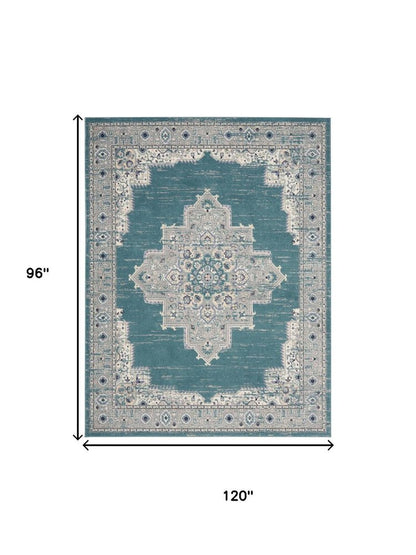 8' X 10' Aqua Floral Power Loom Distressed Area Rug