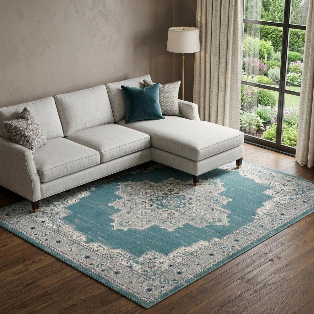 8' X 10' Aqua Floral Power Loom Distressed Area Rug