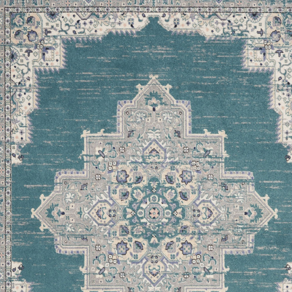 8' X 10' Aqua Floral Power Loom Distressed Area Rug