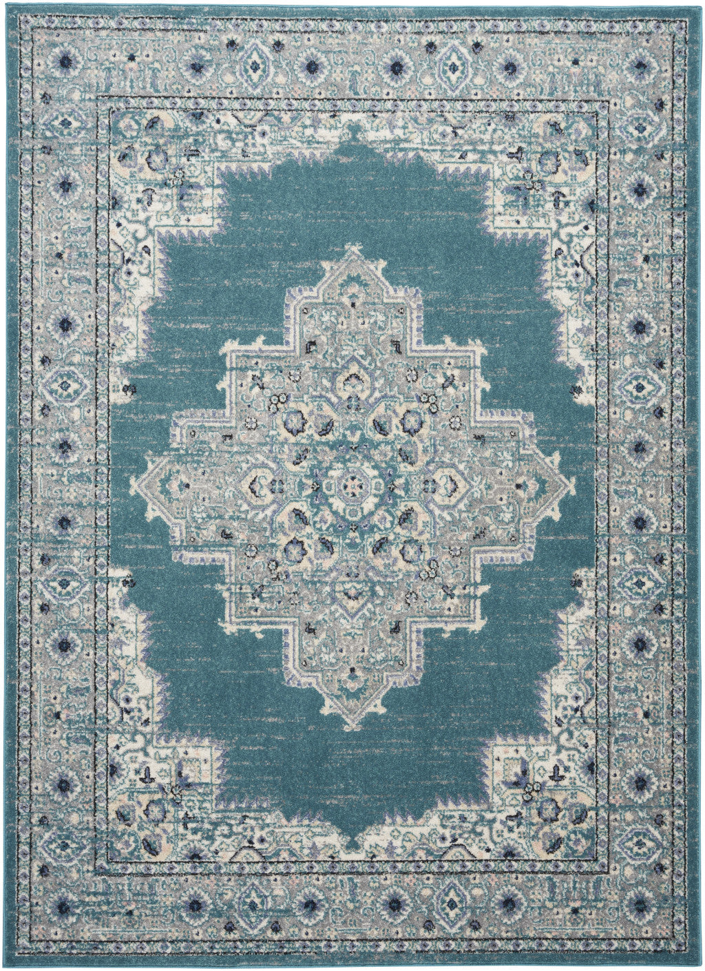 5' X 7' Aqua Floral Power Loom Distressed Area Rug