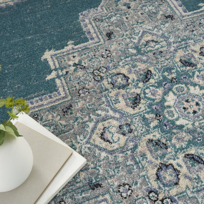 5' X 7' Aqua Floral Power Loom Distressed Area Rug