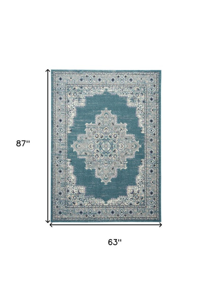 5' X 7' Aqua Floral Power Loom Distressed Area Rug