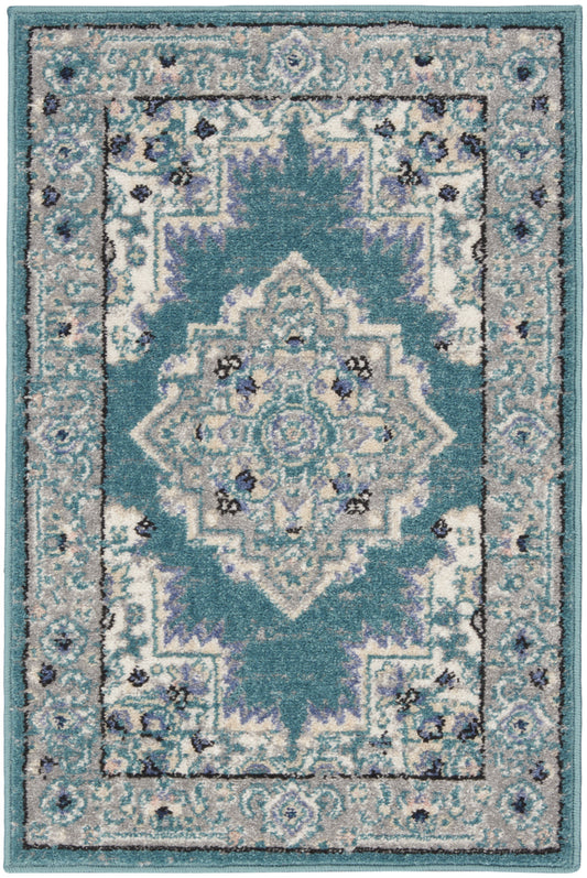 2' X 3' Aqua Floral Power Loom Distressed Area Rug