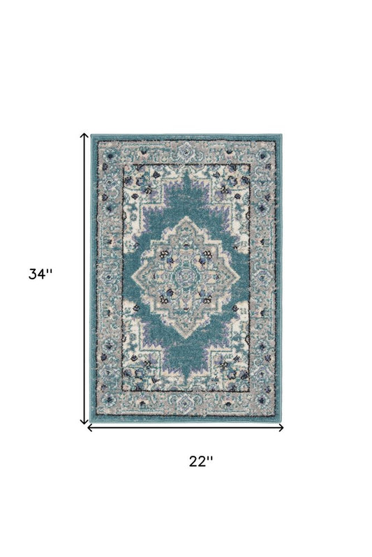 2' X 3' Aqua Floral Power Loom Distressed Area Rug