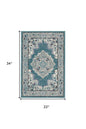 2' X 3' Aqua Floral Power Loom Distressed Area Rug