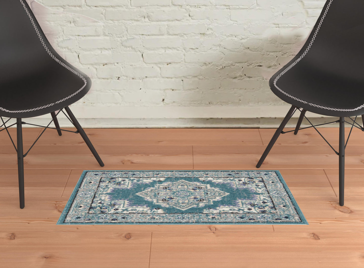 2' X 3' Aqua Floral Power Loom Distressed Area Rug