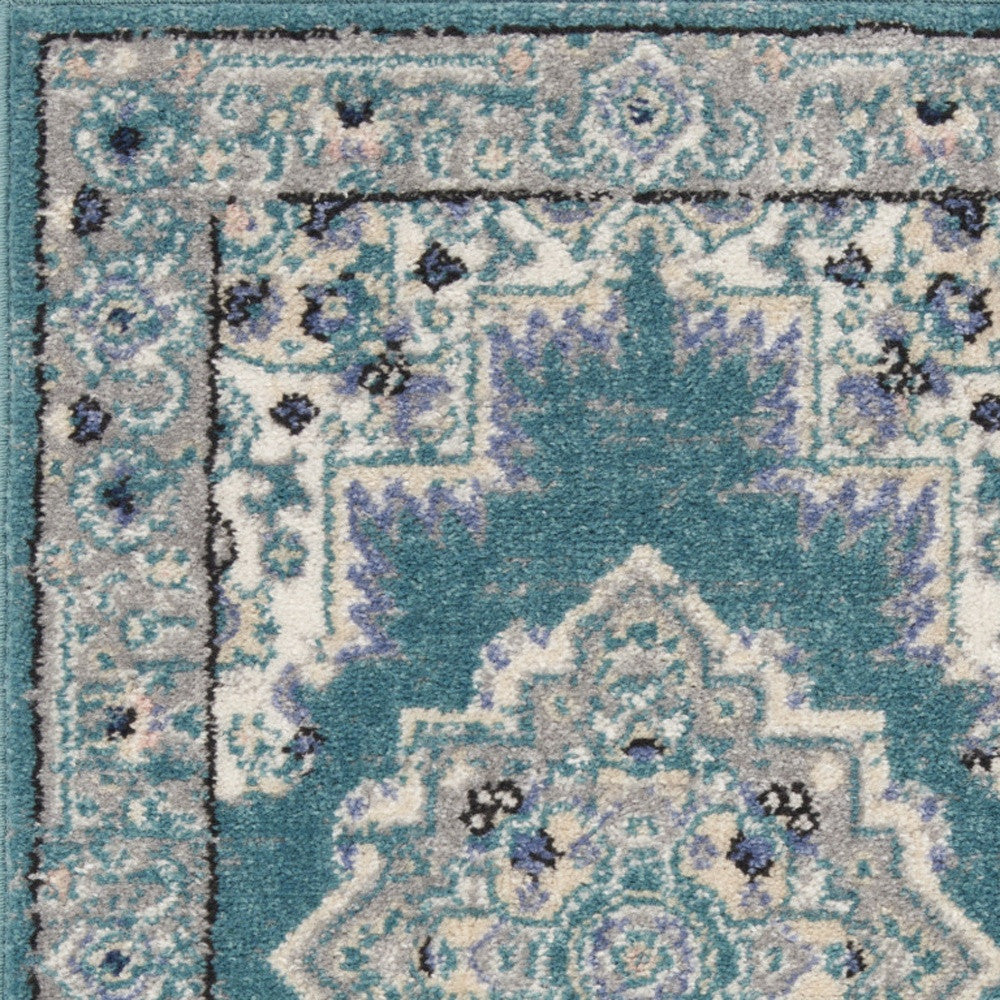 2' X 3' Aqua Floral Power Loom Distressed Area Rug