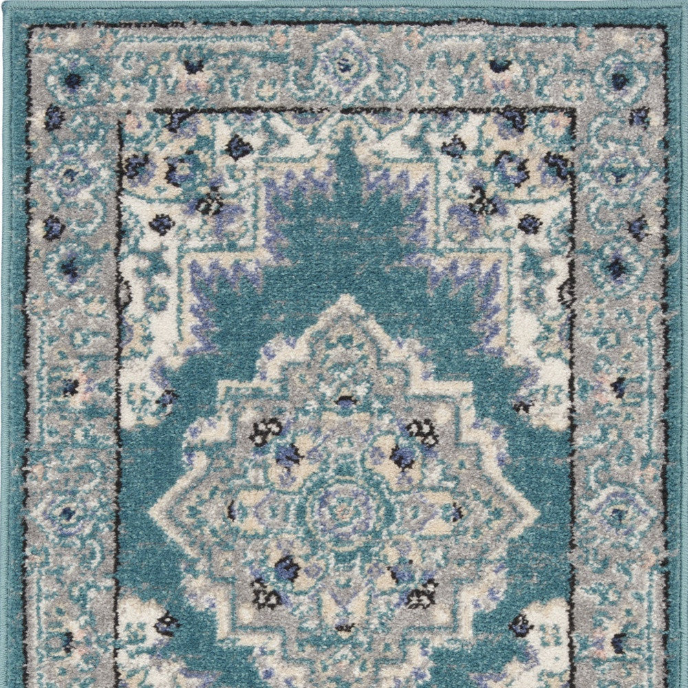 2' X 3' Aqua Floral Power Loom Distressed Area Rug