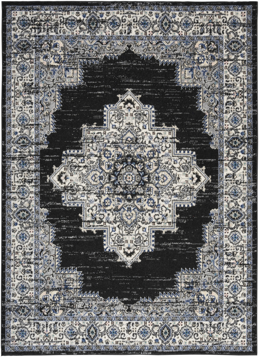 5' X 7' Black Floral Power Loom Distressed Area Rug