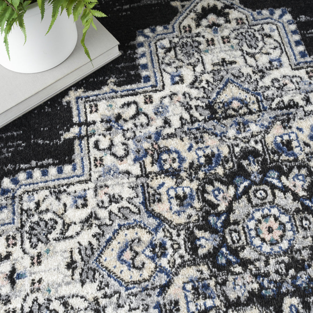 5' X 7' Black Floral Power Loom Distressed Area Rug