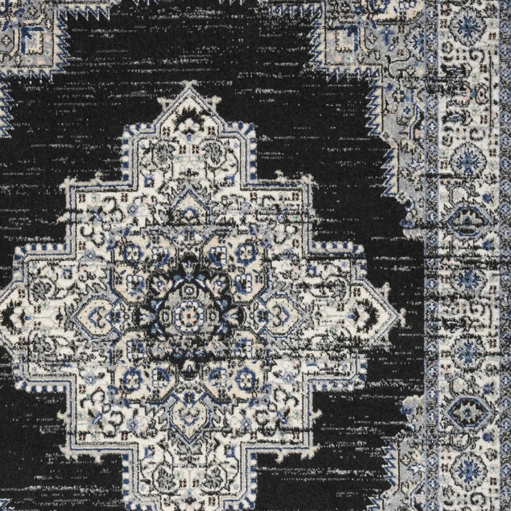 5' X 7' Black Floral Power Loom Distressed Area Rug