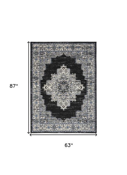 5' X 7' Black Floral Power Loom Distressed Area Rug