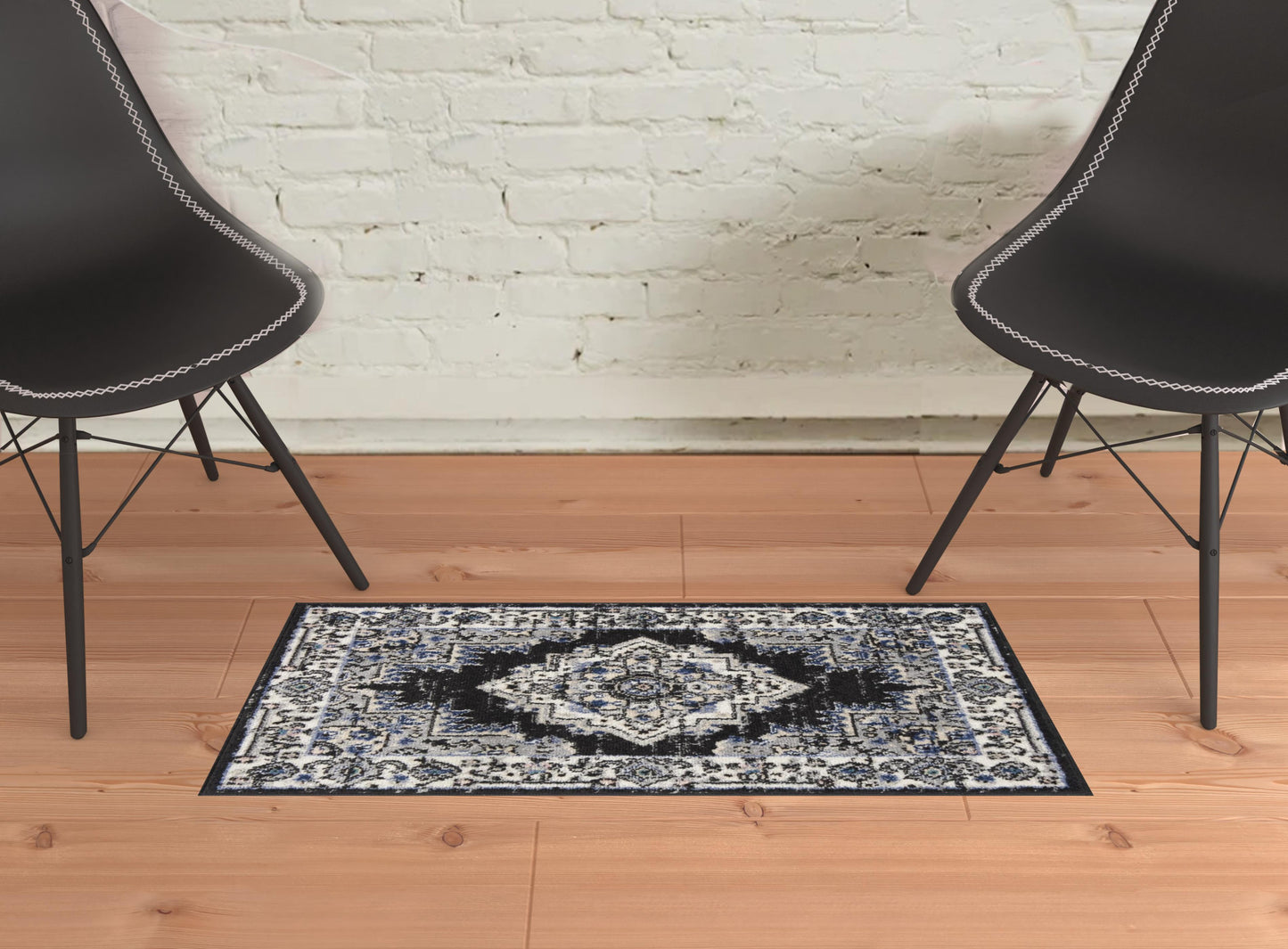 2' X 3' Black Floral Power Loom Distressed Area Rug